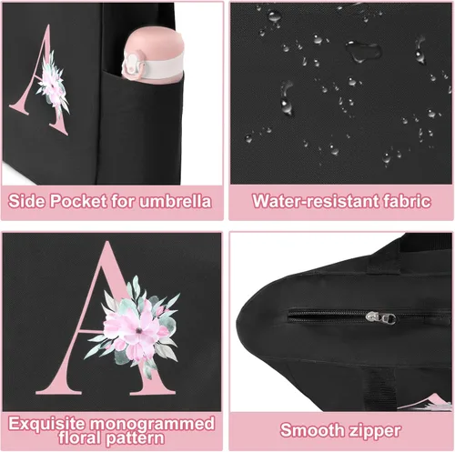 Vista 4 de Vavabox A-Z - Bolsa de mano impermeable con monograma con inicial, regalos de dama de honor para mujer, color negro y rosa