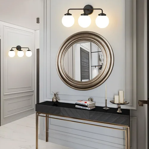 Vista 8 de Lámparas de baño negras sobre espejo, iluminación moderna de tocador de 3 luces con globo de vidrio blanco leche aplique de pared