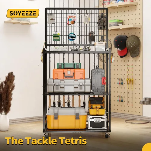 Vista 7 de SOYEEZE Soportes para cañas de pescar de gran tamaño para garaje, estante para cañas de pescar de servicio pesado de 3 niveles con tablero perforado