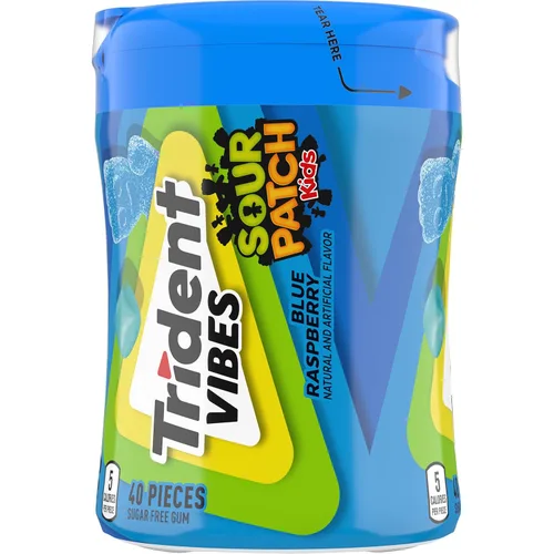 Vista 13 de Trident Vibes SOUR PATCH KIDS - Goma de mascar sin azúcar de frambuesa azul, botella de 40 piezas