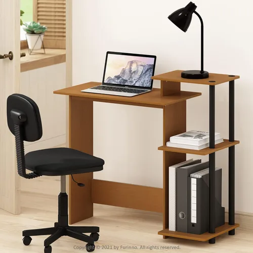 Vista 112 de Furinno - Escritorio compacto para computadora con estantes, Tablero de partículas, Marrón oscuro