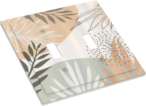 Vista 3 de Placa de interruptor de luz de 2 cuadrillas con hoja verde bohemia de mediados de siglo, diseño bohemio tropical de doble palanca, placa frontal