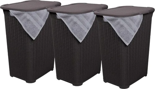 Vista 10 de Cesta de lavandería de plástico con tapa, cesta de lavandería de diseño de punto, organizador de paños marrones de 50 litros con asas recortadas.
