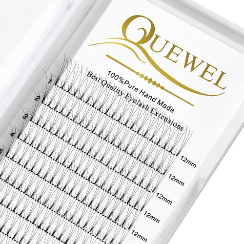 QUEWEL Extensiones de Pestañas Prehechas en Ventilador, Extensiones de Pestañas Prehechas en Ventilador 3D de 0.10mm de Grosor, Rizos en C, 12mm de