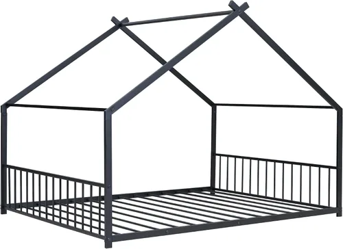 Vista 4 de Linique Cama de metal de tamaño completo, marco de cama de piso, no requiere caja de resorte, color negro