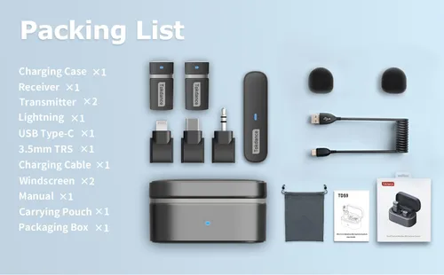 Vista 8 de Micrófono Lavalier inalámbrico 3 en 1 – Mini micrófono de solapa con adaptadores reemplazables compatible con cámara iPhone Android – Excelente