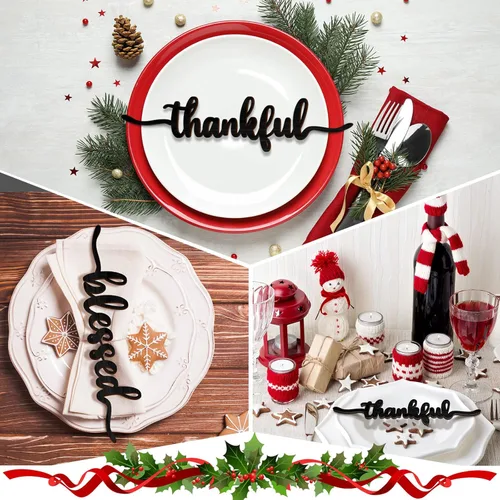 Vista 2 de 12 piezas de letreros de madera con palabras navideñas recortadas "Joyful Merry Thankful Grateful Blessed Peace Gather" para decoración de plato