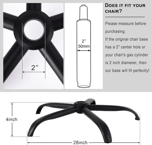 Vista 3 de Frassie Base de repuesto para silla de oficina con ruedas, base de metal resistente para silla de taburete de 2500 libras, pieza de repuesto Negro