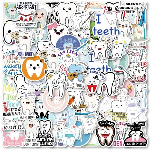 Vista 2 de Calcomanías de dientes [100 unidades], calcomanías dentales de vinilo, calcomanías dentales de hadas, calcomanías para laptop, botella de agua