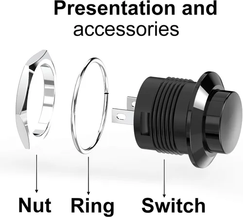 Vista 4 de Interruptor de botón momentáneo, mini interruptor redondo sin bloqueo, CA 250 V/3 A CA 125 V/6 A, tapa negra de apagado (10 piezas)