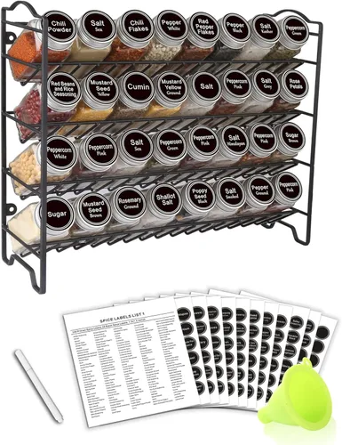 SWOMMOLY Organizador de Especieros con 32 Frascos de Especias de Vidrio, 396 Etiquetas de Especias, Marcador de Tiza y Embudo Conjunto Completo,