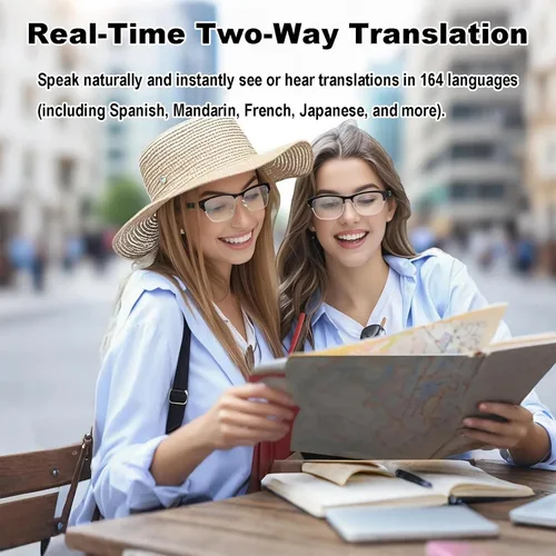 Vista 5 de Lentes inteligentes AI con traducción en tiempo real para 164 idiomas, lentes de traducción Bluetooth 5.4 para hombres y mujeres, bloqueo de luz