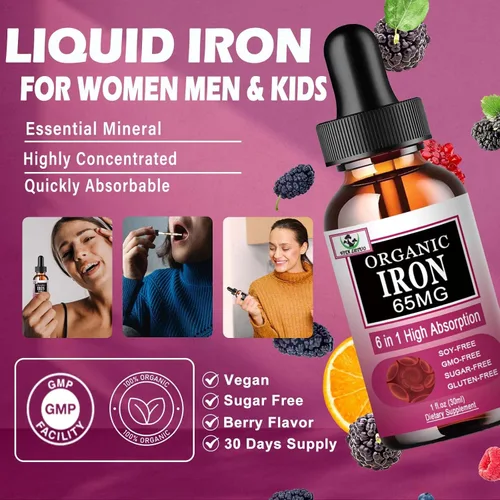 Vista 3 de Suplemento de hierro para mujeres con vitamina C, suplemento líquido 6 en 1 con vitamina B12, vitamina B6, gotas de hierro líquido de alta absorción