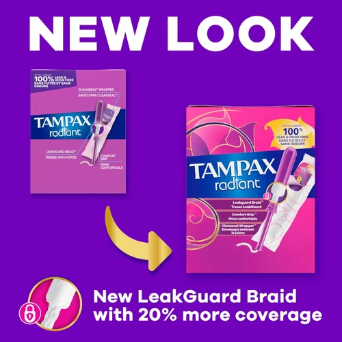 Vista 2 de Tampax Radiant tampones para mujeres, multipack, con trenza LeakGuard, absorbencia regular/súper/súper plus, sin perfume, 28