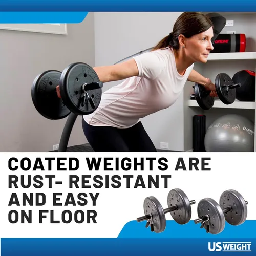 Vista 5 de US Weight Juego de pesas de 105 libras para gimnasio en casa, juego de pesas ajustables con dos barras de mancuernas y barra completa de 6 pies