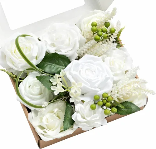 Vista 48 de Ling's moment Caja de flores artificiales, tallos de follaje artificial falso, rosas de espuma, dalia de seda, hierba de pampas, flor de tela