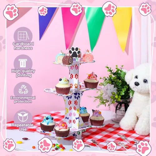 Vista 5 de Bokon Soporte de 3 niveles para cupcakes de perro y 24 piezas de decoración para cupcakes para perros, suministros de fiesta de cumpleaños