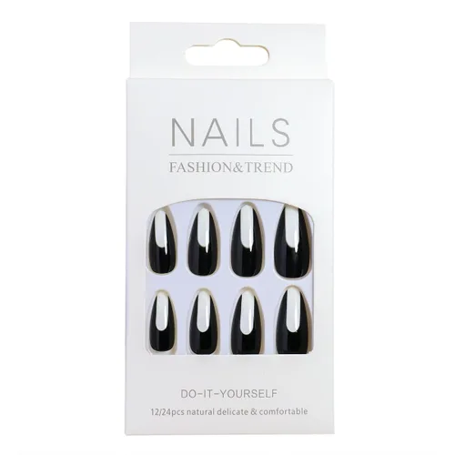 Vista 5 de 24 uñas postizas medianas a presión, color blanco y negro, uñas con pegamento en forma de almendra, uñas postizas brillantes con diseños, uñas
