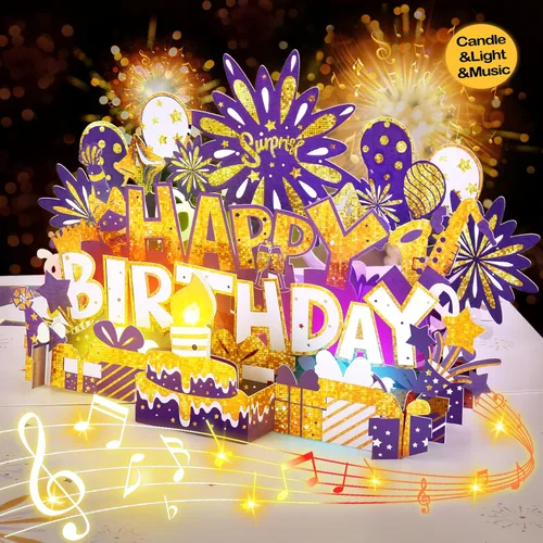 Vista 11 de BYKOOO Tarjeta de cumpleaños Tarjetas de cumpleaños musicales desplegables con luz Vela de luz LED soplada y tarjeta desplegable de música