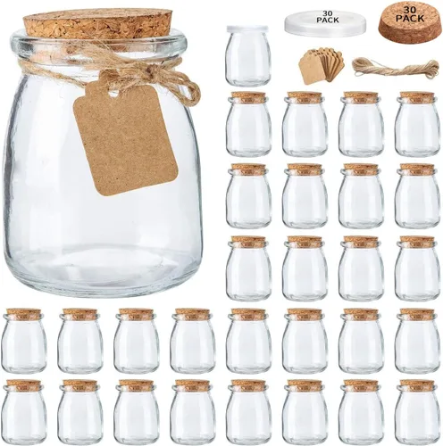 Vista 10 de Brajttt Paquete de 6 tarros de yogur mini, tarros de vidrio de 7 onzas con tapas de corcho, recipientes de pudín con tapas, tarros de mason