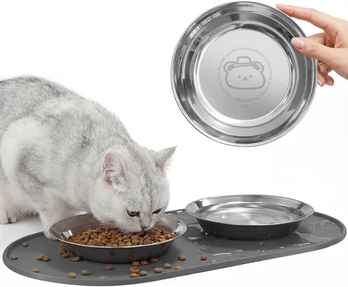 SUS 316 - Paquete de 3 cuencos para gatos con tapete de comida, tazón de acero inoxidable de 6.3 pulgadas, diseño cónico ancho y cónico, apto para
