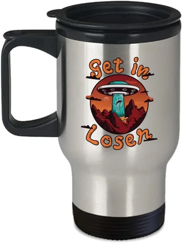 Alien UFO Travel Mug - Get In Loser Abduction Graphic - 14oz Stainless Steel Insulated Coffee Cup with Handle and Slide Lid for Sci-Fi Fans