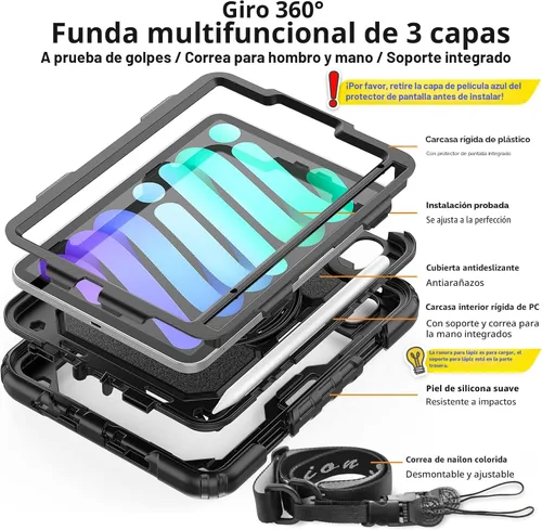 Vista 6 de SEYMAC stock Funda para iPad mini 7 (A17 Pro) 2024/Mini 6 de 8.3 pulgadas con protector de pantalla y soporte para lápiz