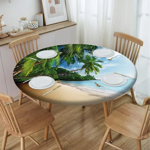 Vista 75 de Cubierta redonda con diseño de playa, borde elástico, picnic al aire libre, patio, fiesta o comedor interior, decoración de mesas de comedor, azul