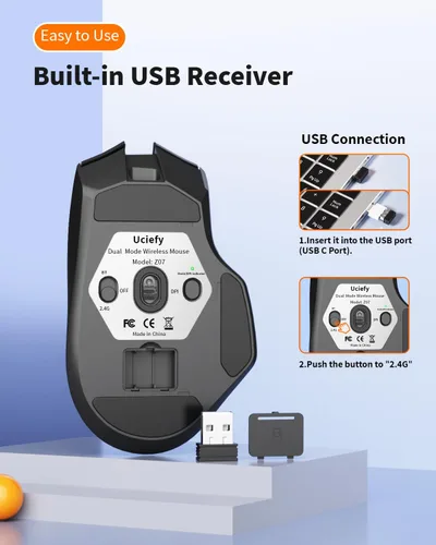 Vista 6 de Uciefy Ratón inalámbrico Bluetooth Z07, ratón recargable para portátil Negro