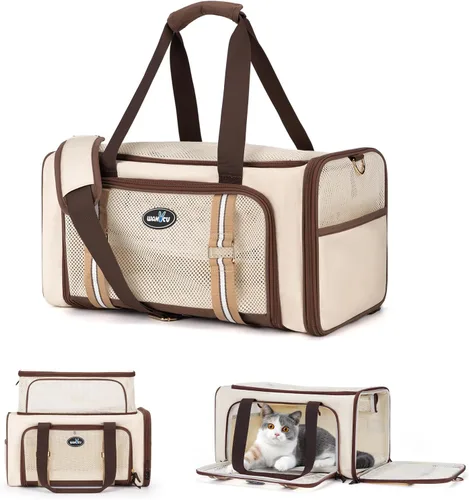 Wakytu Transportador de mascotas expandible para gatos y perros, aprobado por aerolíneas, bolsa de viaje grande con alfombrilla plegable extragrande