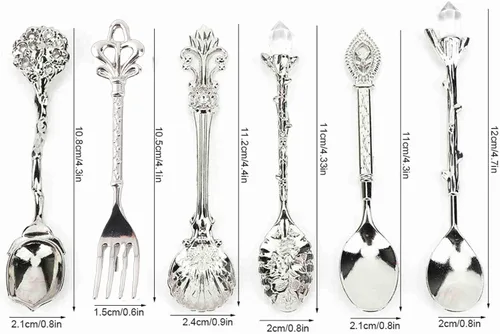 Vista 2 de Fdit 6 unids/set vintage tallado cuchara cucharadita retro aleación de zinc postre café vajilla cucharas cubiertos cocina (plata)
