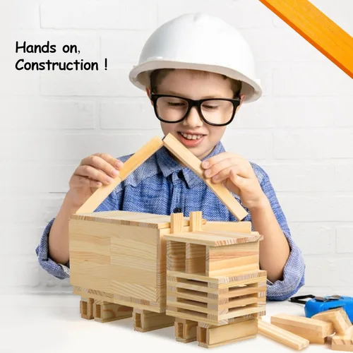 Vista 4 de ICEKO KN Juego de 100 piezas de bloques de construcción clásicos de madera, juguetes de construcción STEM sólidos para niños, juguetes Montessori