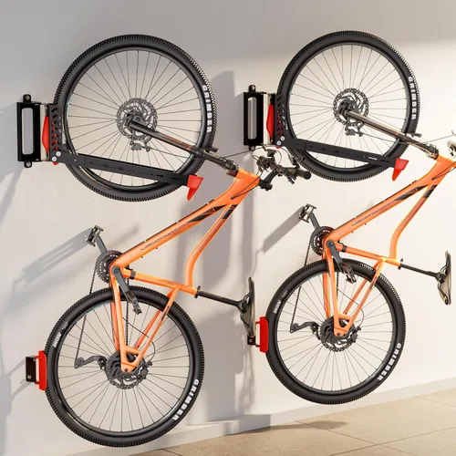 Vista 8 de Paquete de 3 soportes giratorios de pared para bicicleta, colgadores de bicicleta para garaje, soporte vertical para bicicleta que ahorra espacio