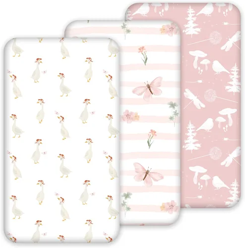 Vista 54 de Sábanas Florales para Moisés de Niña Paquete de 3, Sábana Ajustable para Colchón Transpirable y Cómoda, Moisés de Viaje Elástico y Moderno, Sábanas