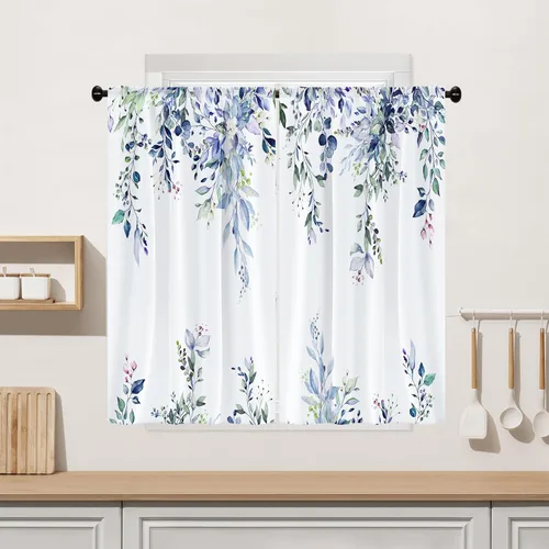 Vista 24 de Cortina de eucalipto negro y gris, cenefa para tratamiento de ventana, estilo bohemio, rústico, floral, bolsillo para barra, cortinas de ventana