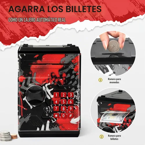 Vista 6 de Alcancía de cajero automático para niños y niñas, Vcertcpl - Mini alcancía de monedas con contraseña, caja de ahorro con agarre automático de Negro