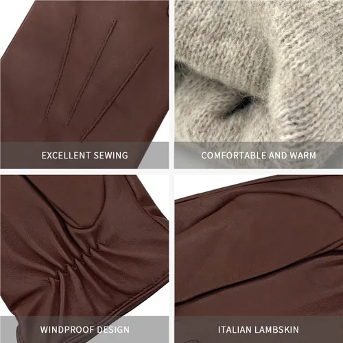 Vista 4 de ZLUXURQ Guantes de cuero de lujo para hombre con forro de cachemira, suave y cómodo piel de cordero Touchsreen
