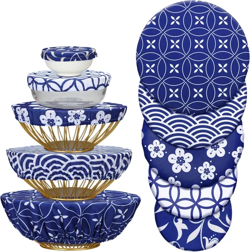 Vista 8 de Patelai 10 fundas reutilizables para tazones en 5 tamaños, tela elástica, fundas elásticas para tazones de almacenamiento de alimentos, tapas de pan