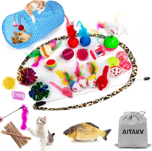AILUKI 35 PCS Surtidos de juguetes para gatos y gatitos, variedad de juguetes de hierba gatera que incluye túnel de 2 vías, vara con plumas para