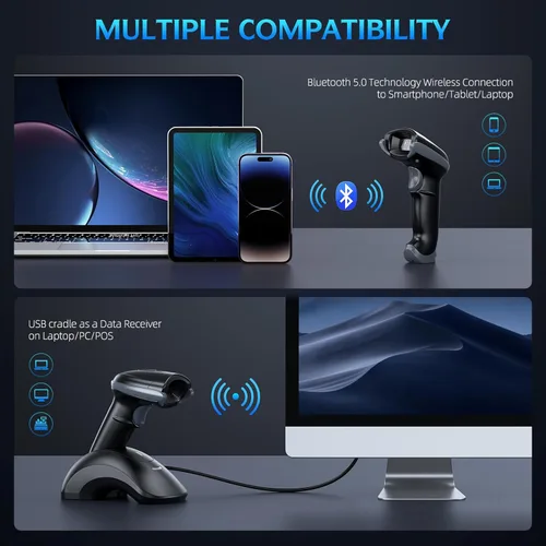 Vista 4 de TEEMI Escáner de código de barras Bluetooth con receptor de datos de base de carga USB, lector de código de barras inalámbrico QR 1D 2D para iOS