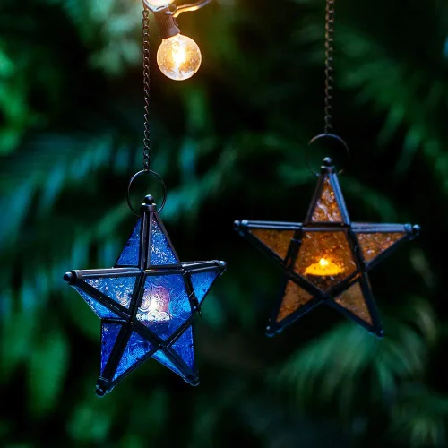 Vista 4 de Impresionante candelabro de vidrio con forma de estrella, portavelas con luz de té colgante, farol de iluminación, decoración para boda, cumpleaños
