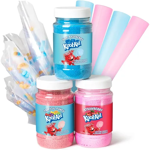 Vista 6 de Kit de Variedad de Dulces de Algodón Kool-Aid de Nostalgia – 3 Sabores de Azúcar de Algodón (Cereza Negra, Sharkleberry, Melocotón y Mango)