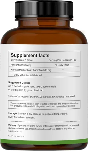 Vista 2 de Herb Essential Tabletas de extracto de Karela de 500 mg, 60 tabletas vegetarianas, Momordica Charantia, hierba ayurvédica tradicional natural, buena