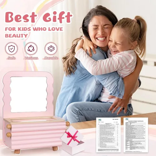 Vista 7 de Tocador de maquillaje para niñas pequeñas con espejo, tocador de maquillaje para niños con 27 piezas de accesorios, tocador de mesa para niñas