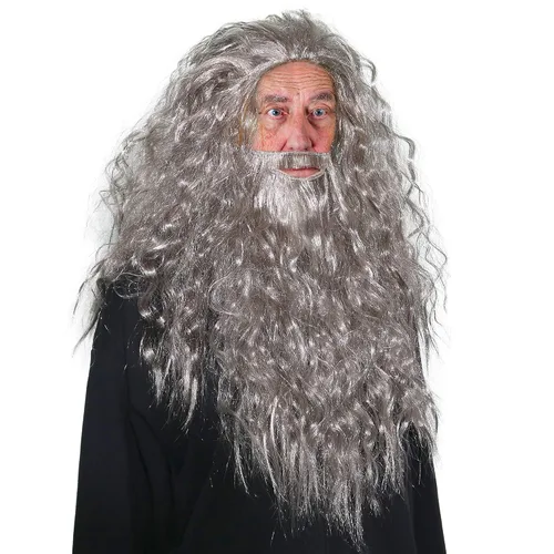 Skeleteen Peluca gris y barba - Peluca larga de mago gris y accesorio de disfraz de barba para adultos y niños