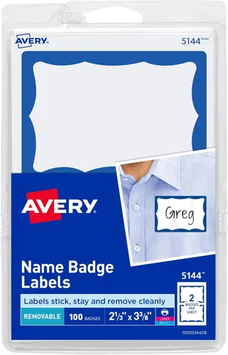Avery Etiquetas de nombre personalizables, 2-1/3 pulgadas x 3-3/8 pulgadas, blancas con borde azul, 100 insignias de nombre extraíbles (05144)
