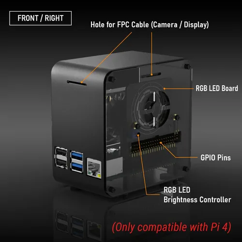 Vista 5 de ElectroCookie Funda Raspberry Pi 4, mini torre de aluminio con ventilador de refrigeración y luz ambiental que cambia