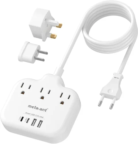 Vista 10 de Adaptador de enchufe de viaje europeo, adaptador de enchufe estadounidense a europeo con 3 tomas de corriente americanas y 4 USB, cable