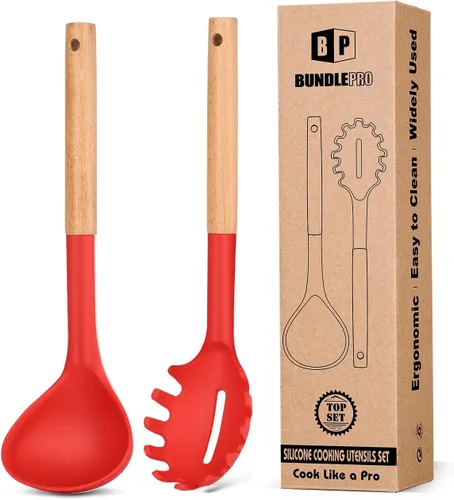 Vista 9 de Juego de tenedor de pasta y cucharón de silicona con mango de madera, utensilios de cocina resistentes al calor y antiadherentes para cocinar, Negro