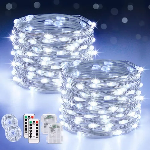 Vista 22 de JMEXSUSS Paquete de 2 Luces de Hadas Verdes a Batería, Total 200 LED 66 pies Luces de Cadena Parpadeantes con Control Remoto, 8 Modos de Luces